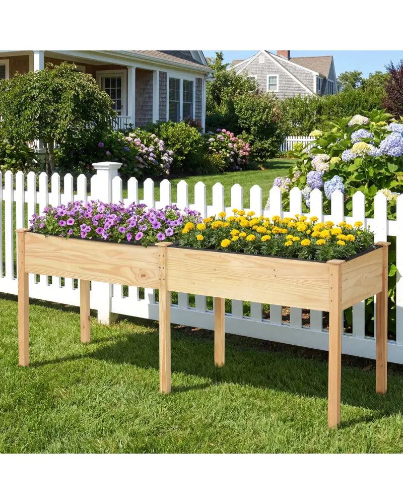 Fir Wood Outdoor Raised Garden Bed with Divider Panel and Drainage Holes-Natural - Natural - Raised Garden Beds