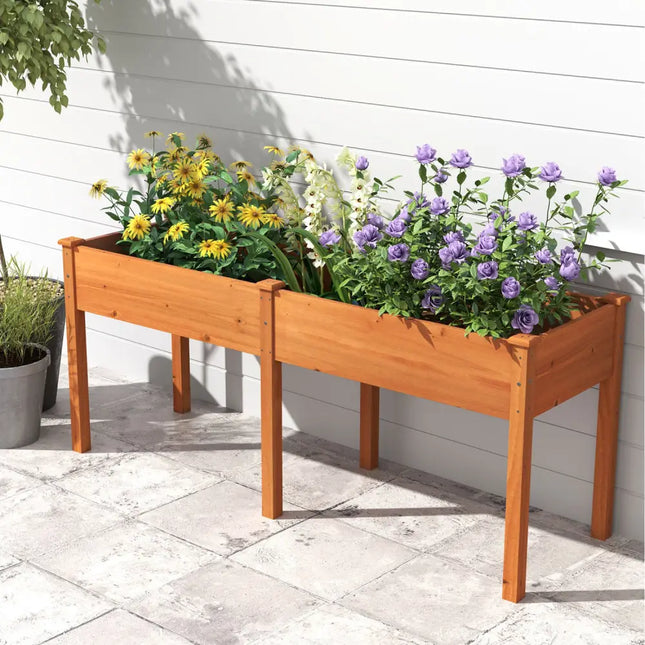 Fir Wood Outdoor Raised Garden Bed with Divider Panel and Drainage Holes-Yellow - Yellow - Raised Garden Beds