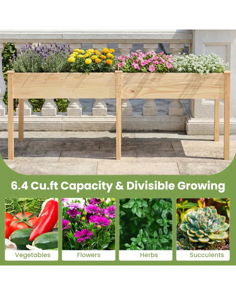 Fir Wood Outdoor Raised Garden Bed with Divider Panel and Drainage Holes-Natural - Natural - Raised Garden Beds
