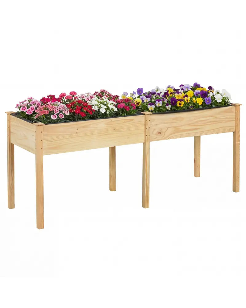 Fir Wood Outdoor Raised Garden Bed with Divider Panel and Drainage Holes-Natural - Natural - Raised Garden Beds