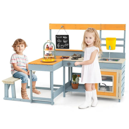 Fir Wood Play Kitchen with Kids Picnic Table and Built - in Bench - Grey - Oasis Home Essentials