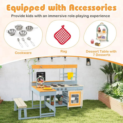 Fir Wood Play Kitchen with Kids Picnic Table and Built - in Bench - Grey - Oasis Home Essentials