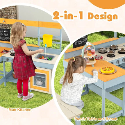 Fir Wood Play Kitchen with Kids Picnic Table and Built - in Bench - Grey - Oasis Home Essentials