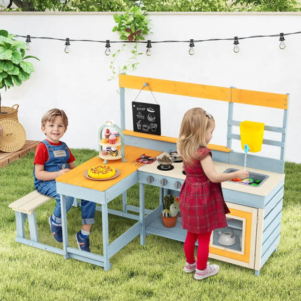 Fir Wood Play Kitchen with Kids Picnic Table and Built - in Bench - Grey - Oasis Home Essentials