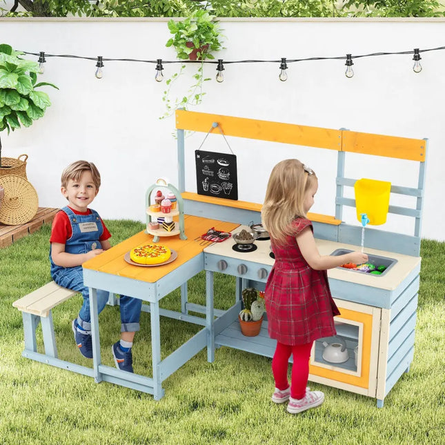 Fir Wood Play Kitchen with Kids Picnic Table and Built - in Bench - Grey - Oasis Home Essentials