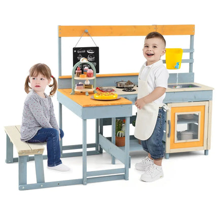 Fir Wood Play Kitchen with Kids Picnic Table and Built - in Bench - Grey - Oasis Home Essentials
