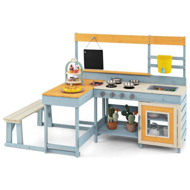 Fir Wood Play Kitchen with Kids Picnic Table and Built - in Bench - Grey - Oasis Home Essentials