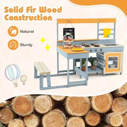 Fir Wood Play Kitchen with Kids Picnic Table and Built - in Bench - Grey - Oasis Home Essentials