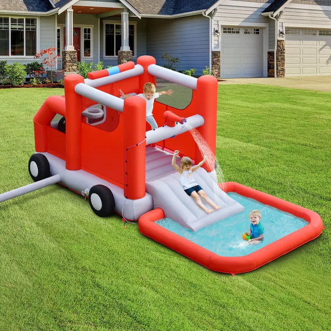 Fire Truck Themed Inflatable Castle Water Park Kids Bounce House with 480W Blower - Inflatable Water Slides