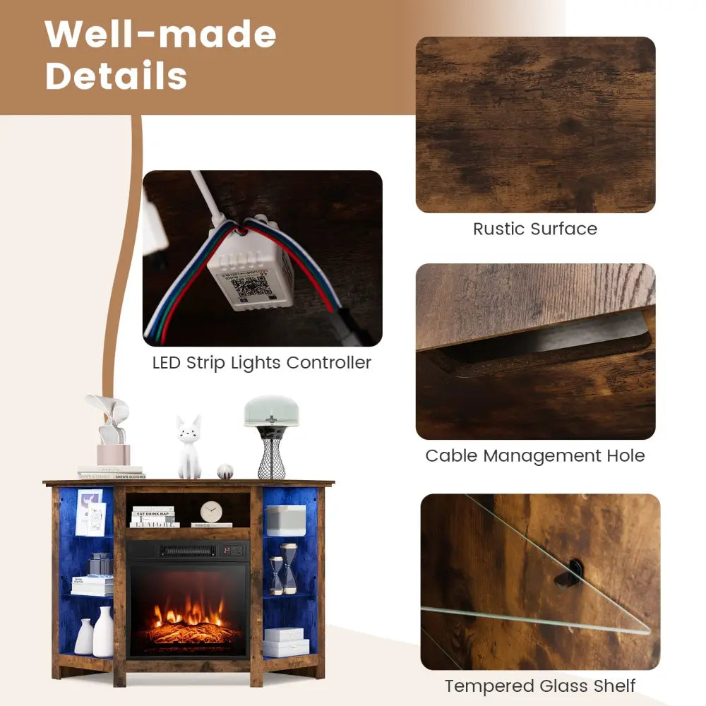 Fireplace Corner TV Stand with LED Lights and Smart APP Control for 50 Inches TV-Rustic Brown - Rustic Brown