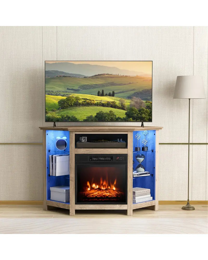 Fireplace Corner TV Stand with LED Lights and Smart APP Control for 50 Inches TV-Gray - Gray - Entertainment Centers &