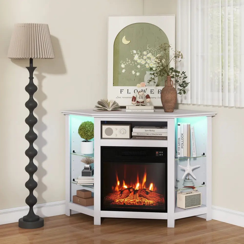 Fireplace Corner TV Stand with LED Lights and Smart APP Control for 50 Inches TV-White - White - Entertainment Centers