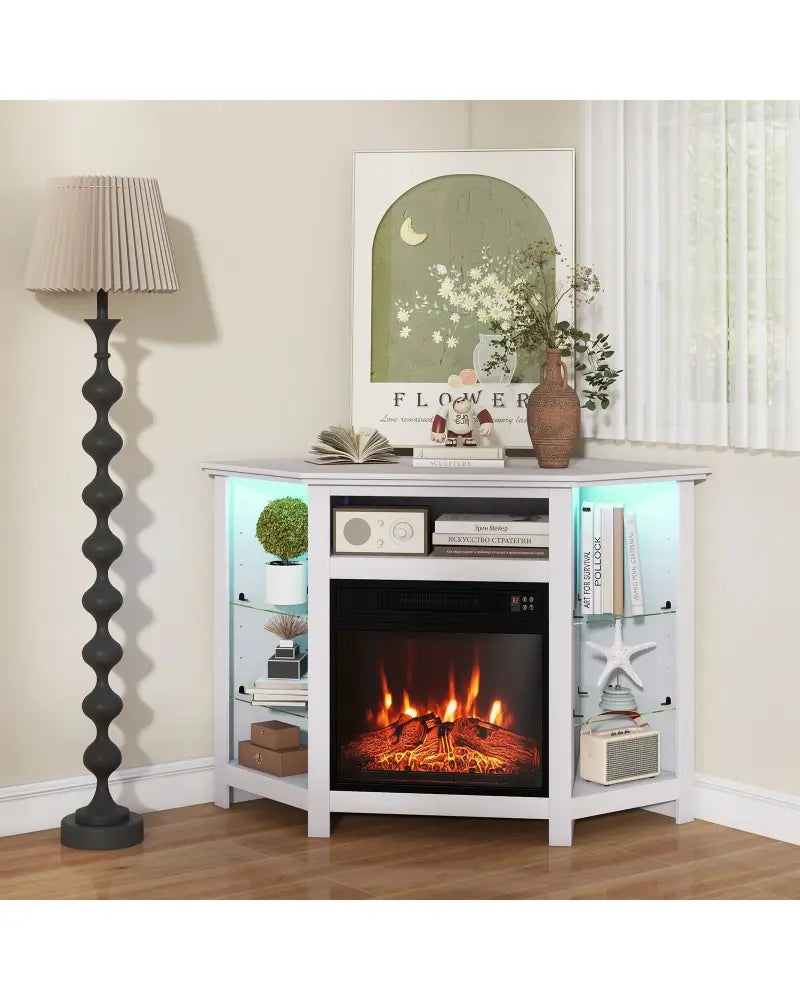 Fireplace Corner TV Stand with LED Lights and Smart APP Control for 50 Inches TV-White - White - Entertainment Centers
