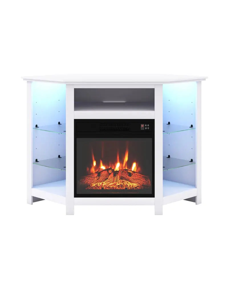 Fireplace Corner TV Stand with LED Lights and Smart APP Control for 50 Inches TV-White - White - Entertainment Centers