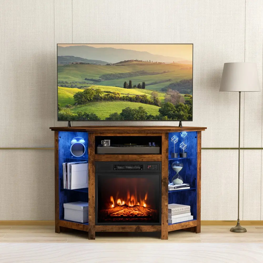 Fireplace Corner TV Stand with LED Lights and Smart APP Control for 50 Inches TV-Rustic Brown - Rustic Brown