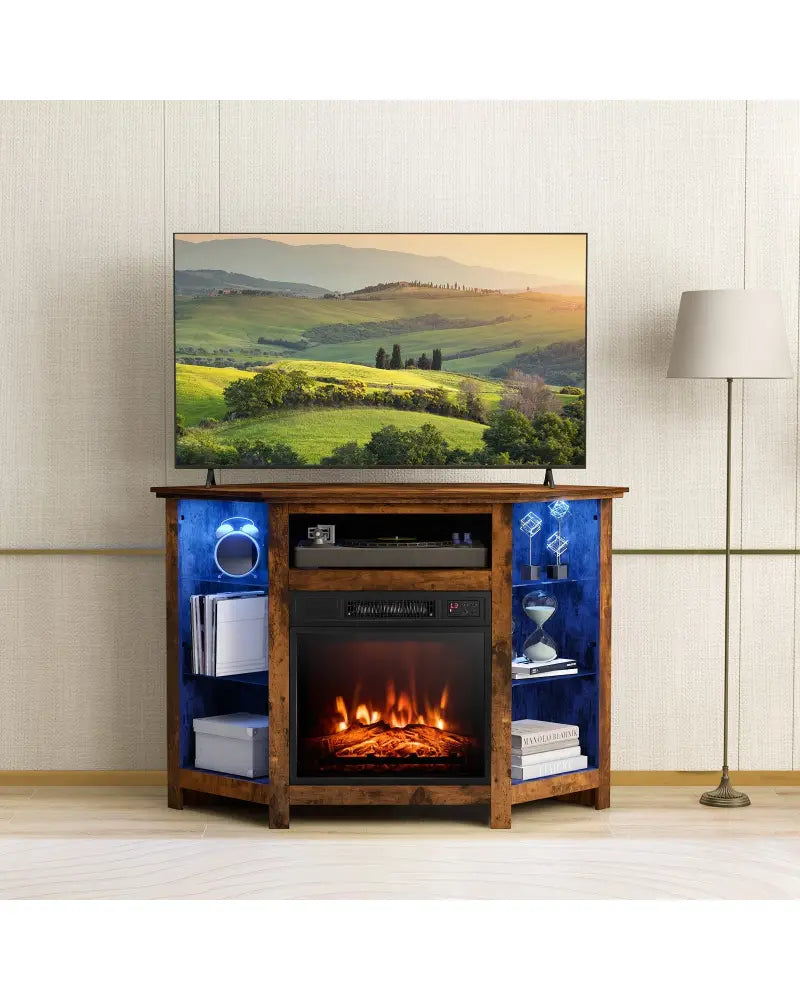 Fireplace Corner TV Stand with LED Lights and Smart APP Control for 50 Inches TV-Rustic Brown - Rustic Brown