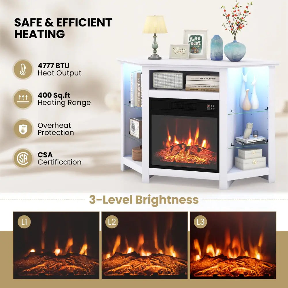 Fireplace Corner TV Stand with LED Lights and Smart APP Control for 50 Inches TV-White - White - Entertainment Centers