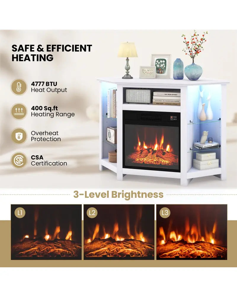 Fireplace Corner TV Stand with LED Lights and Smart APP Control for 50 Inches TV-White - White - Entertainment Centers