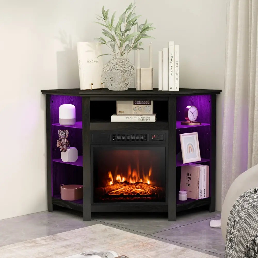 Fireplace Corner TV Stand with LED Lights and Smart APP Control for 50 Inches TV-Black - Black - Entertainment Centers