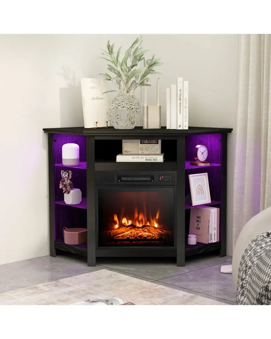 Fireplace Corner TV Stand with LED Lights and Smart APP Control for 50 Inches TV-Black - Black - Entertainment Centers