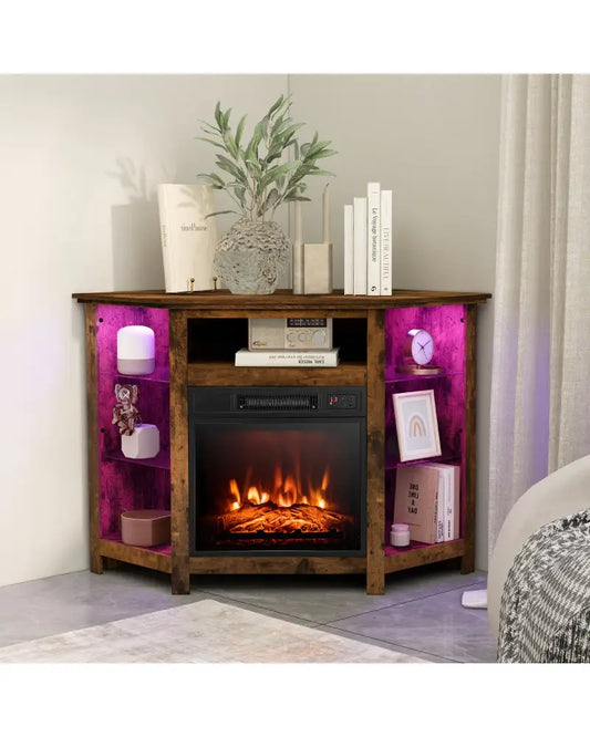 Fireplace Corner TV Stand with LED Lights and Smart APP Control for 50 Inches TV-Rustic Brown - Rustic Brown