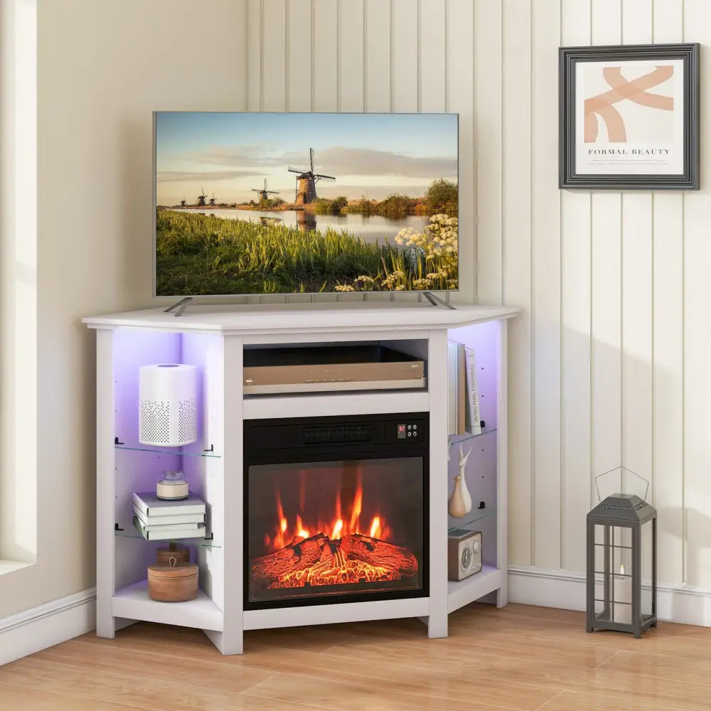 Fireplace Corner TV Stand with LED Lights and Smart APP Control for 50 Inches TV-White - White - Entertainment Centers