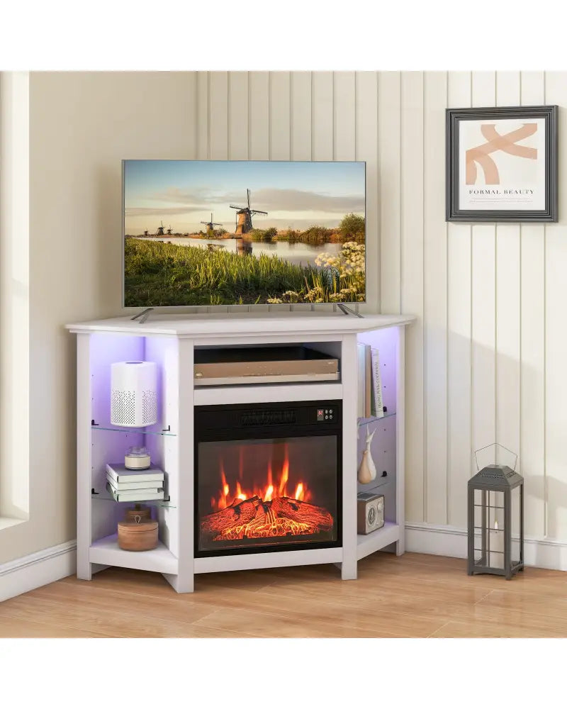 Fireplace Corner TV Stand with LED Lights and Smart APP Control for 50 Inches TV-White - White - Entertainment Centers