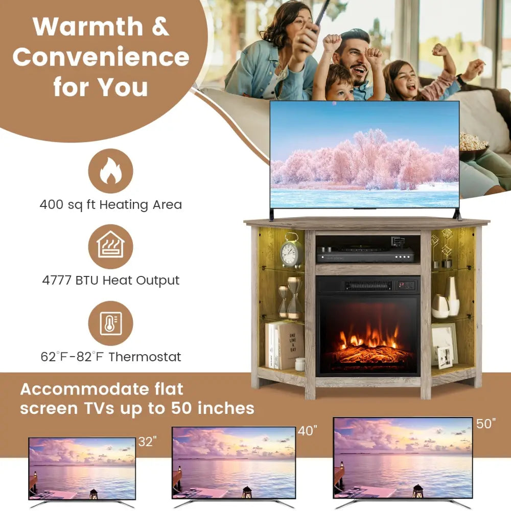 Fireplace Corner TV Stand with LED Lights and Smart APP Control for 50 Inches TV-Gray - Gray - Entertainment Centers &