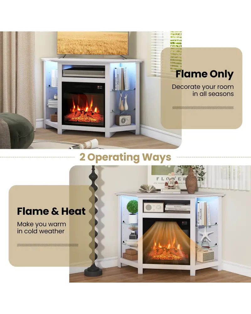 Fireplace Corner TV Stand with LED Lights and Smart APP Control for 50 Inches TV-White - White - Entertainment Centers