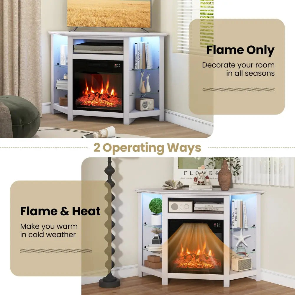 Fireplace Corner TV Stand with LED Lights and Smart APP Control for 50 Inches TV-White - White - Entertainment Centers