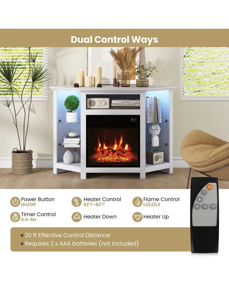 Fireplace Corner TV Stand with LED Lights and Smart APP Control for 50 Inches TV-White - White - Entertainment Centers