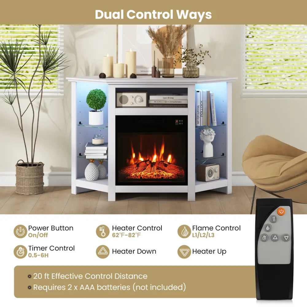 Fireplace Corner TV Stand with LED Lights and Smart APP Control for 50 Inches TV-White - White - Entertainment Centers