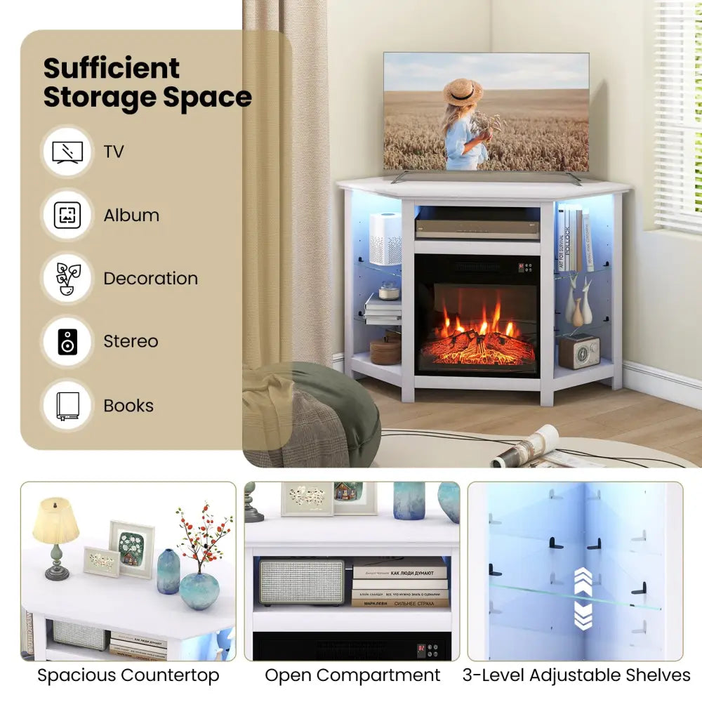 Fireplace Corner TV Stand with LED Lights and Smart APP Control for 50 Inches TV-White - White - Entertainment Centers