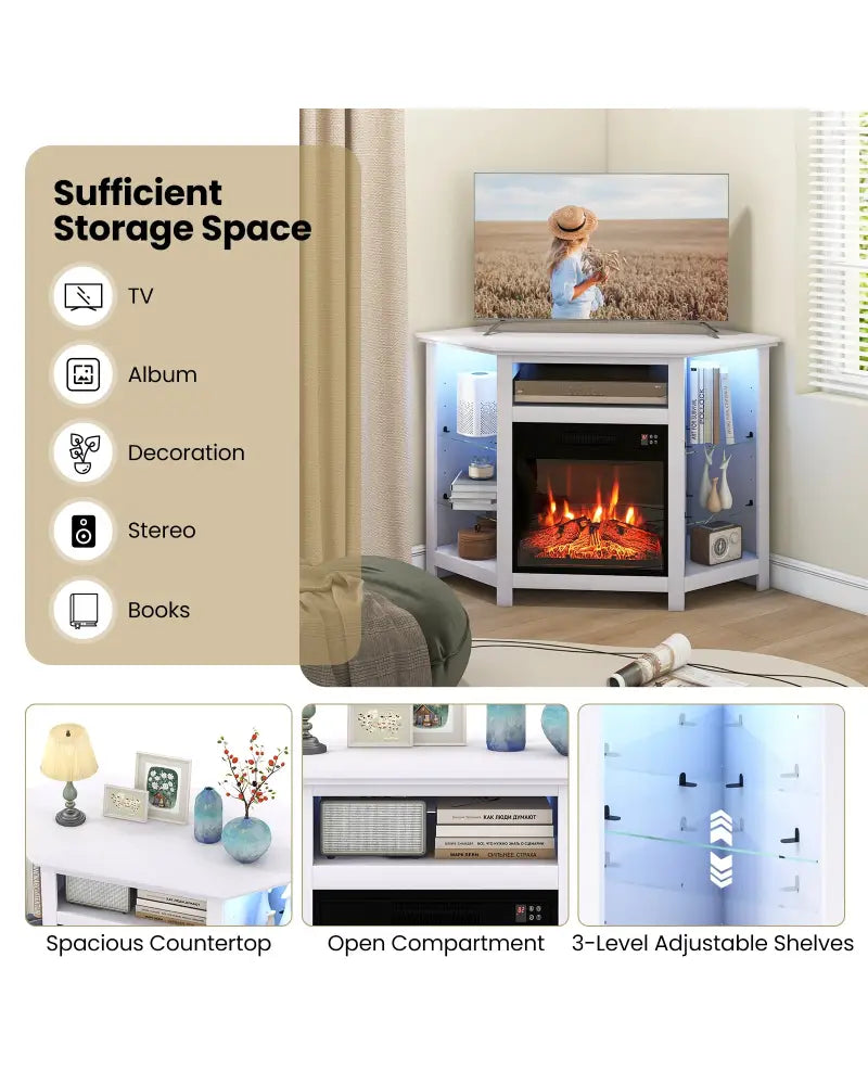 Fireplace Corner TV Stand with LED Lights and Smart APP Control for 50 Inches TV-White - White - Entertainment Centers