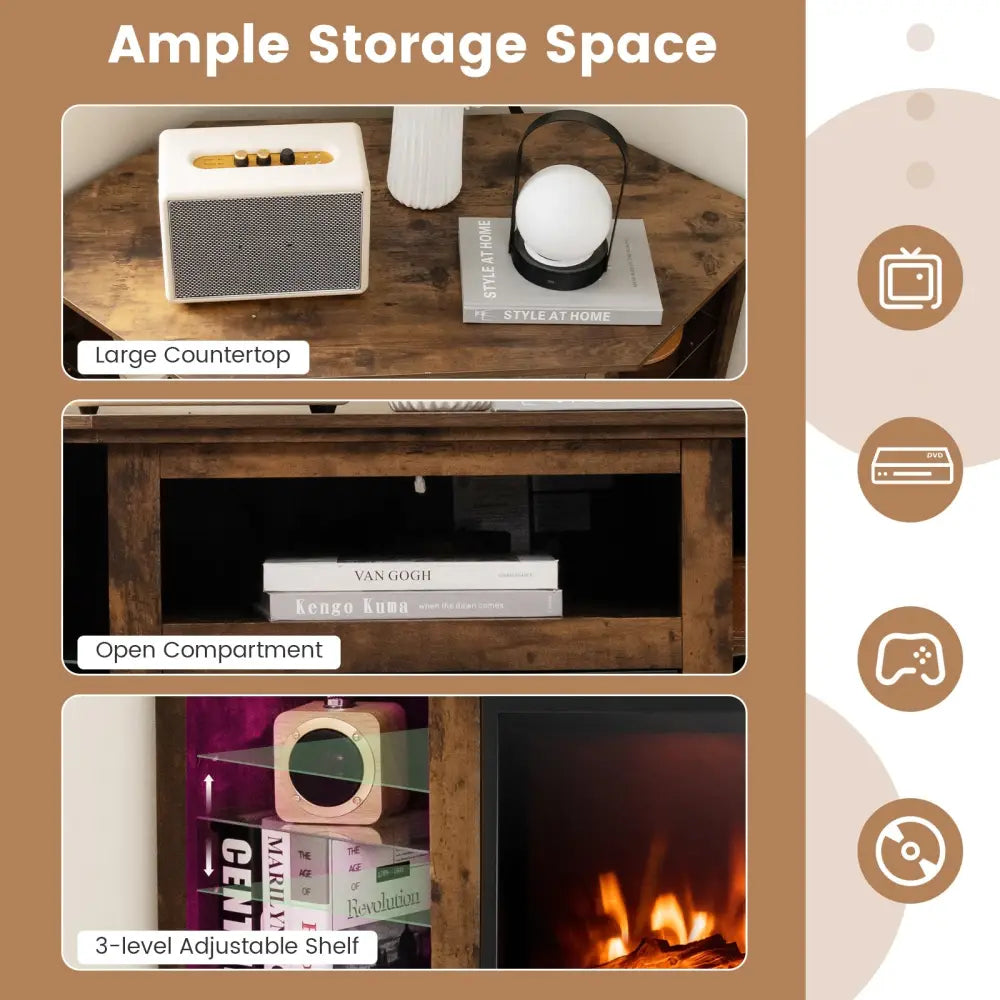 Fireplace Corner TV Stand with LED Lights and Smart APP Control for 50 Inches TV-Rustic Brown - Rustic Brown