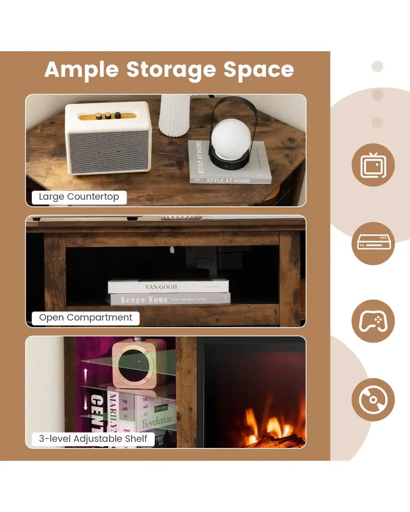 Fireplace Corner TV Stand with LED Lights and Smart APP Control for 50 Inches TV-Rustic Brown - Rustic Brown