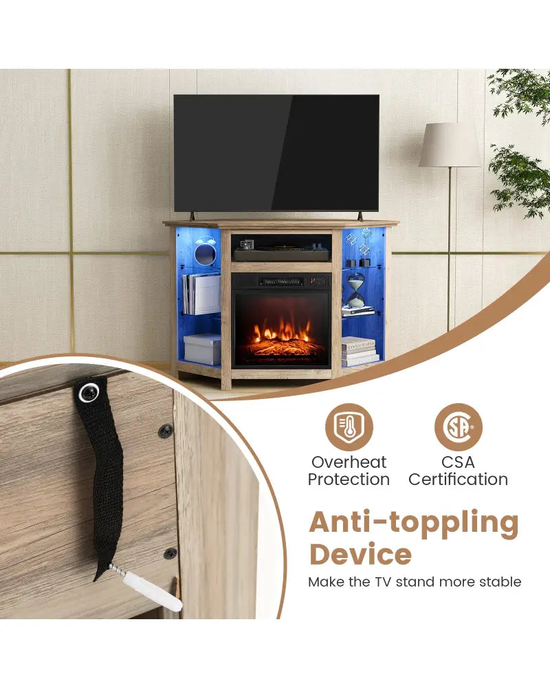 Fireplace Corner TV Stand with LED Lights and Smart APP Control for 50 Inches TV-Gray - Gray - Entertainment Centers &