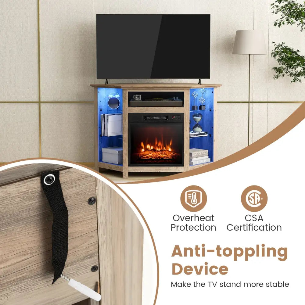 Fireplace Corner TV Stand with LED Lights and Smart APP Control for 50 Inches TV-Gray - Gray - Entertainment Centers &