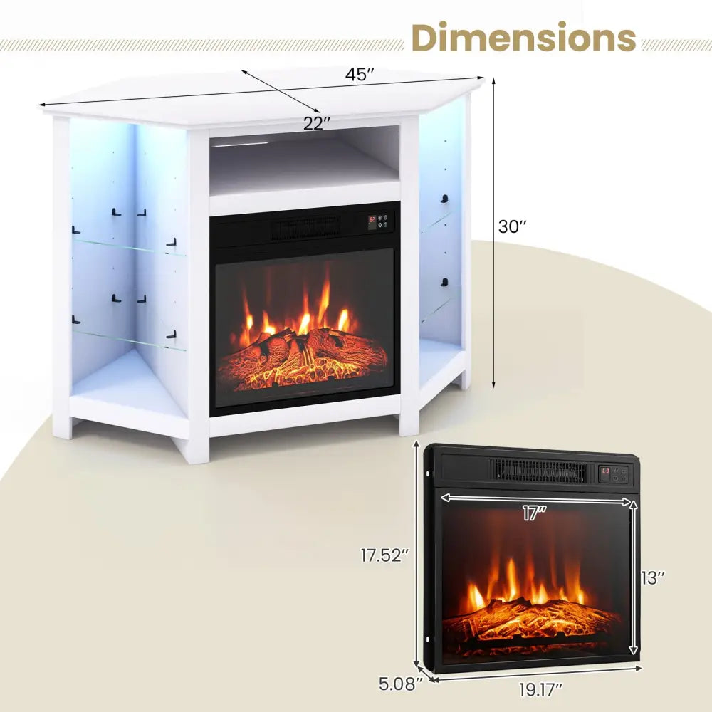 Fireplace Corner TV Stand with LED Lights and Smart APP Control for 50 Inches TV-White - White - Entertainment Centers