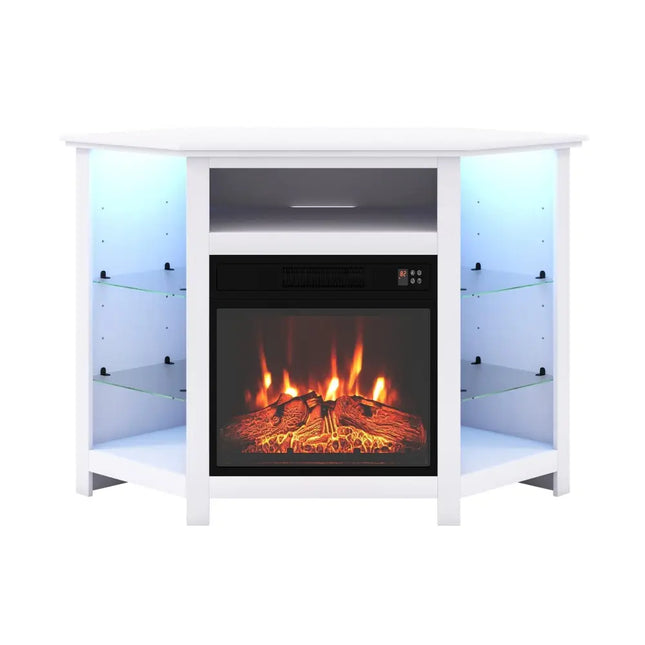Fireplace Corner TV Stand with LED Lights and Smart APP Control for 50 Inches TV-White - White - Entertainment Centers