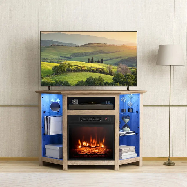 Fireplace Corner TV Stand with LED Lights and Smart APP Control for 50 Inches TV-Gray - Gray - Entertainment Centers &