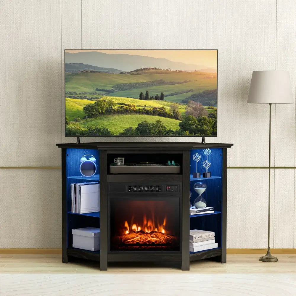 Fireplace Corner TV Stand with LED Lights and Smart APP Control for 50 Inches TV-Black - Black - Entertainment Centers