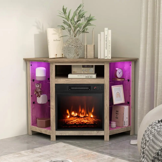 Fireplace Corner TV Stand with LED Lights and Smart APP Control for 50 Inches TV-Gray - Gray - Entertainment Centers &