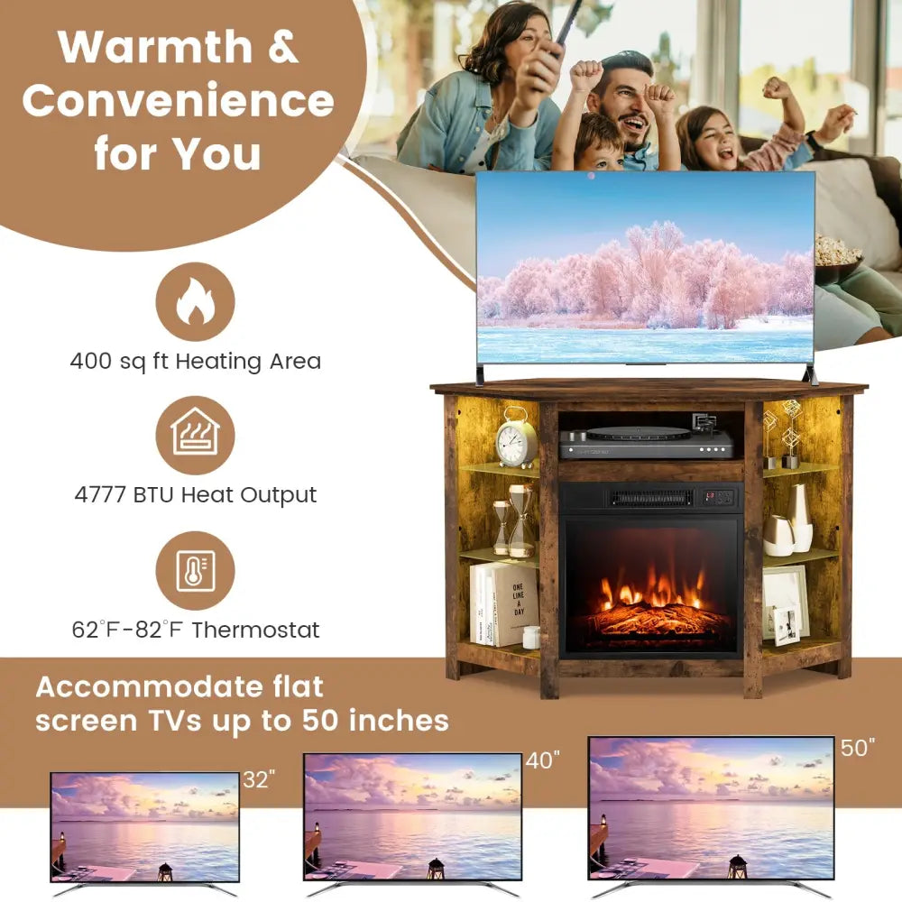 Fireplace Corner TV Stand with LED Lights and Smart APP Control for 50 Inches TV-Rustic Brown - Rustic Brown