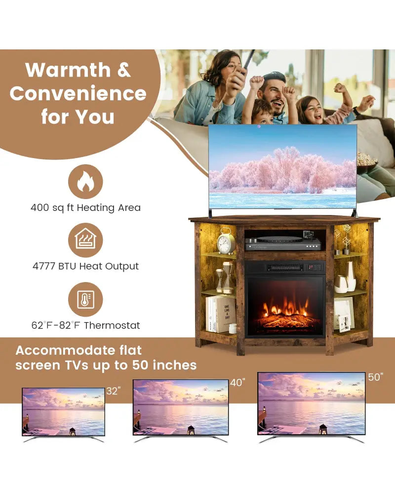 Fireplace Corner TV Stand with LED Lights and Smart APP Control for 50 Inches TV-Rustic Brown - Rustic Brown