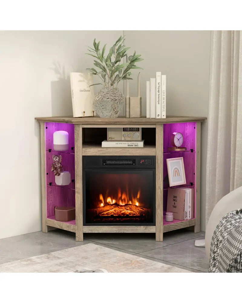 Fireplace Corner TV Stand with LED Lights and Smart APP Control for 50 Inches TV-Gray - Gray - Entertainment Centers &