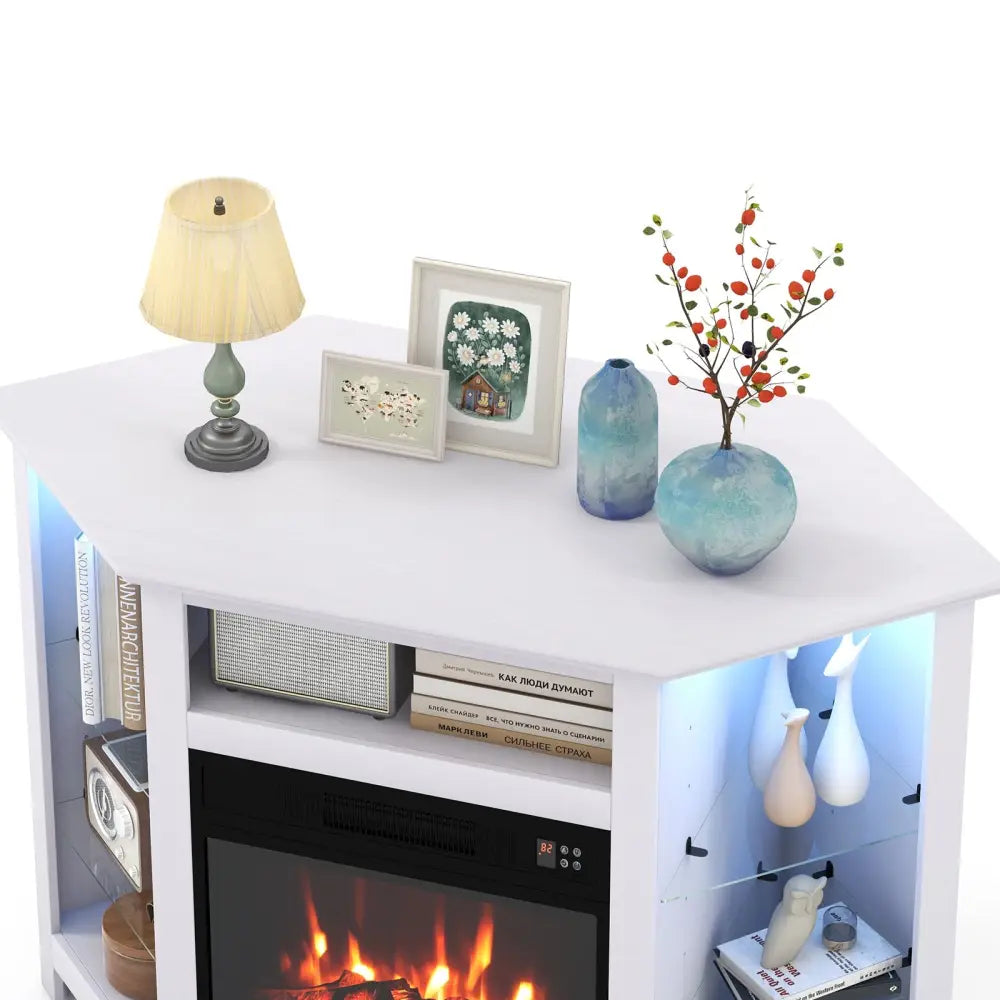 Fireplace Corner TV Stand with LED Lights and Smart APP Control for 50 Inches TV-White - White - Entertainment Centers