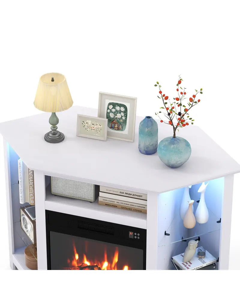 Fireplace Corner TV Stand with LED Lights and Smart APP Control for 50 Inches TV-White - White - Entertainment Centers
