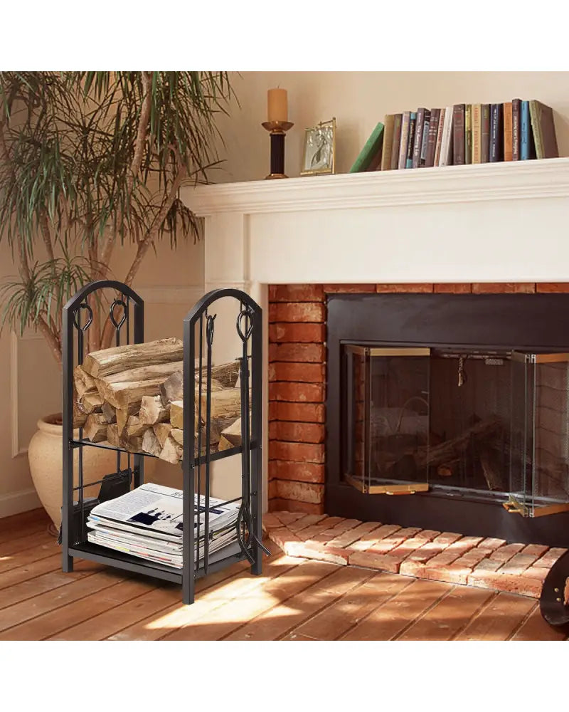 Fireplace Log Rack with 4 Tools Set Fireside Firewood Holder - Black - Log Storage