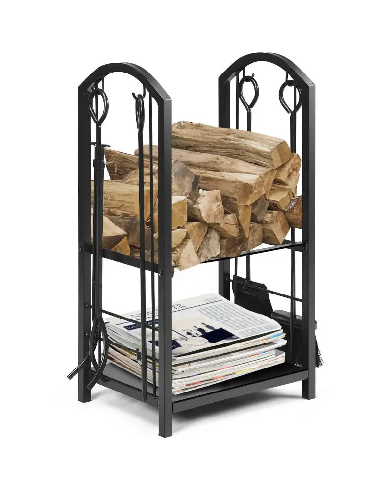 Fireplace Log Rack with 4 Tools Set Fireside Firewood Holder - Black - Log Storage